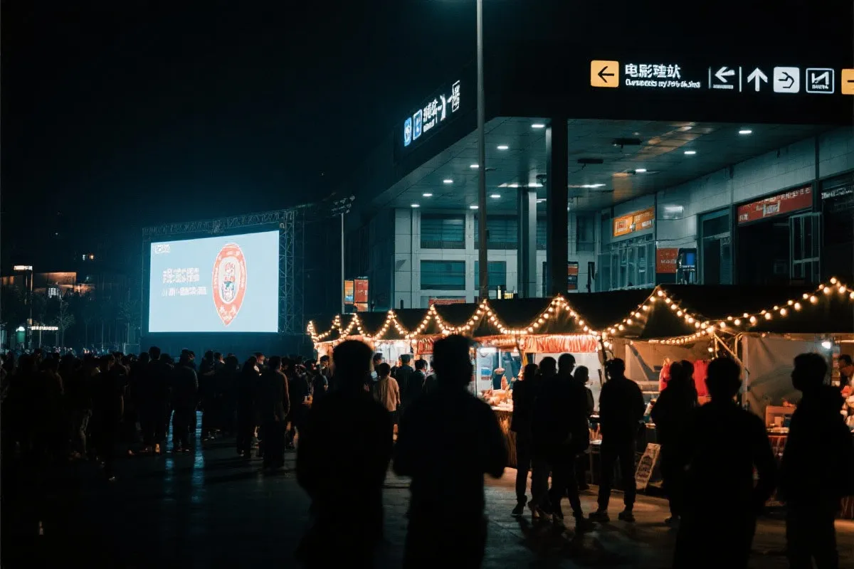费城球迷广场夜景：大屏观赛人群、步行指示牌与公共交通入口